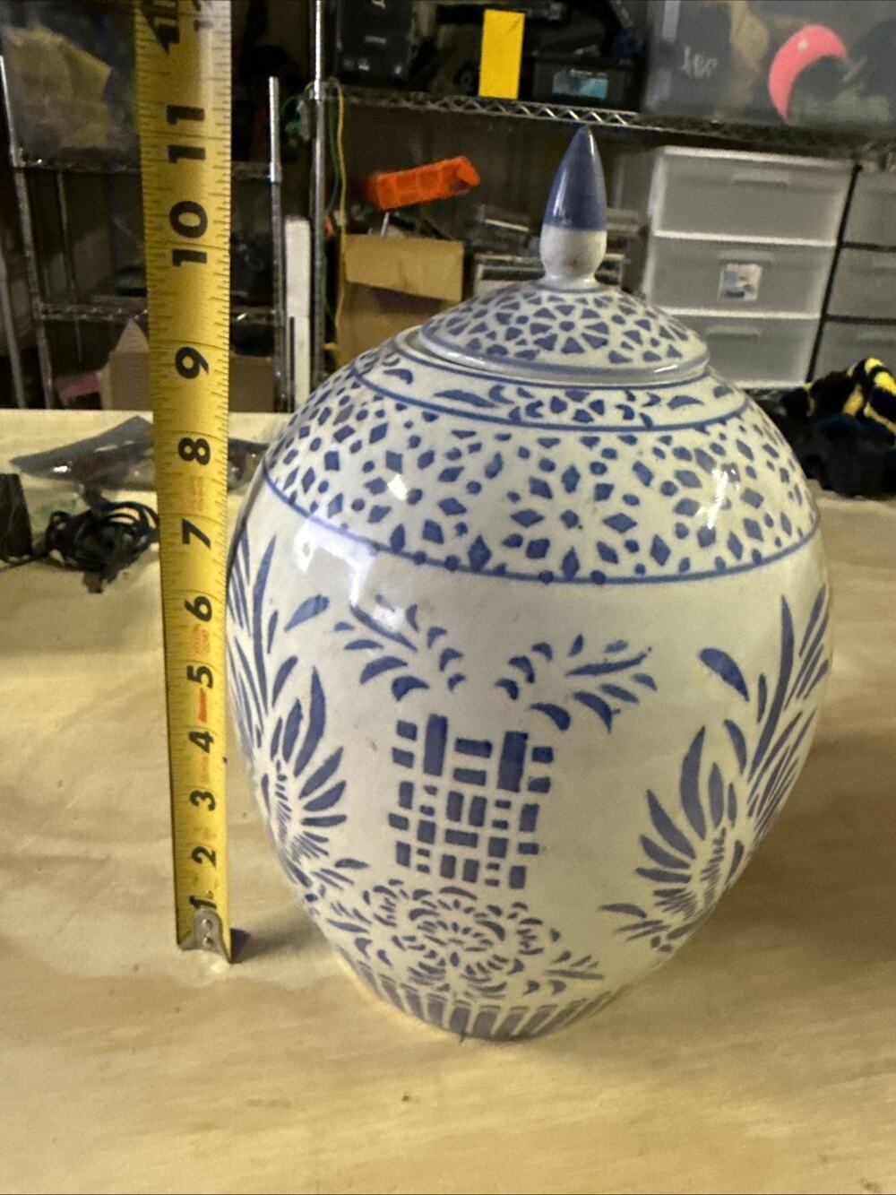 Chinese White and Blue Ceramic Jar with Lid 11”